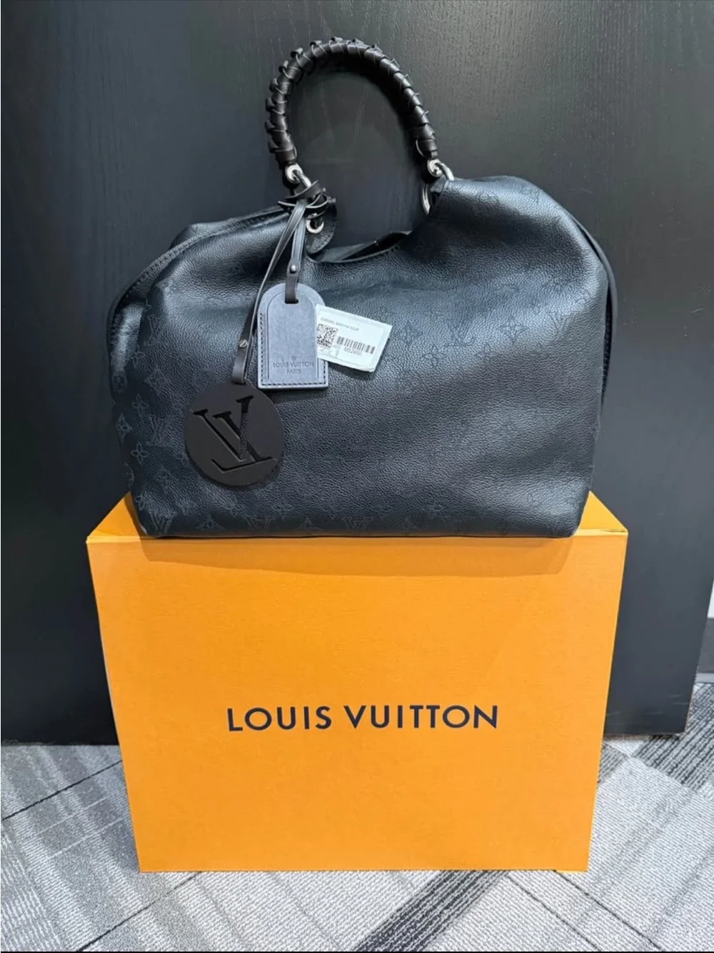 Louis Vuitton Black Embossed Leather Satchel with Braided Handle